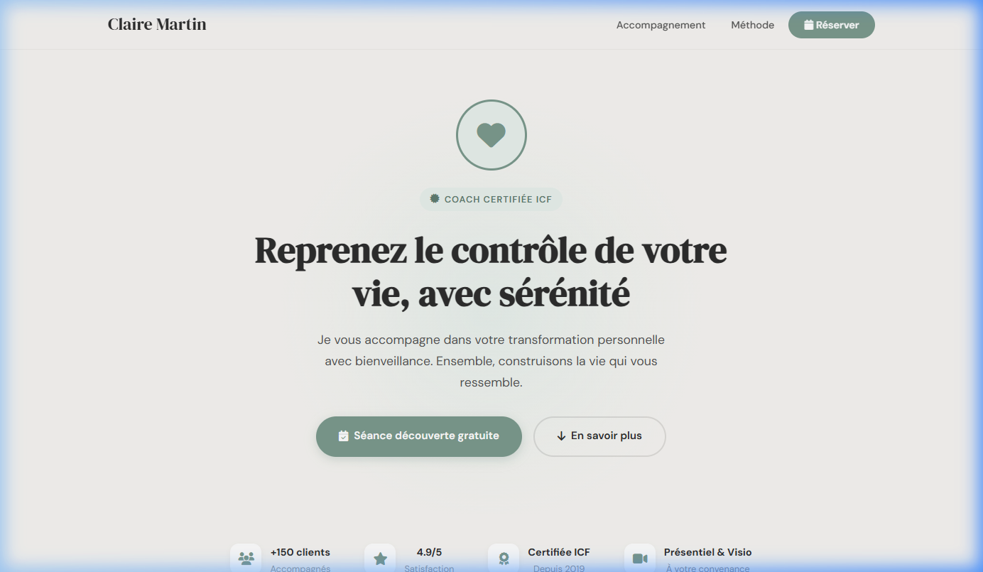 Landing page coach développement personnel Claire Martin créée par Maël Grosa, création site internet freelance
