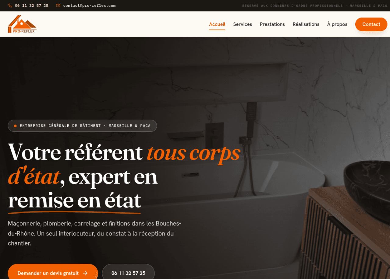 Site PRO-REFLEX, entreprise de bâtiment à Marseille, réalisé par Maël Grosa