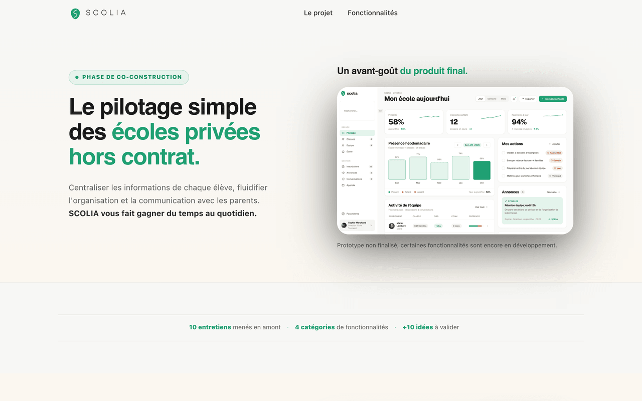Landing page SCOLIA présentant le prototype d'une application web et mobile de gestion scolaire, réalisée par Maël Grosa